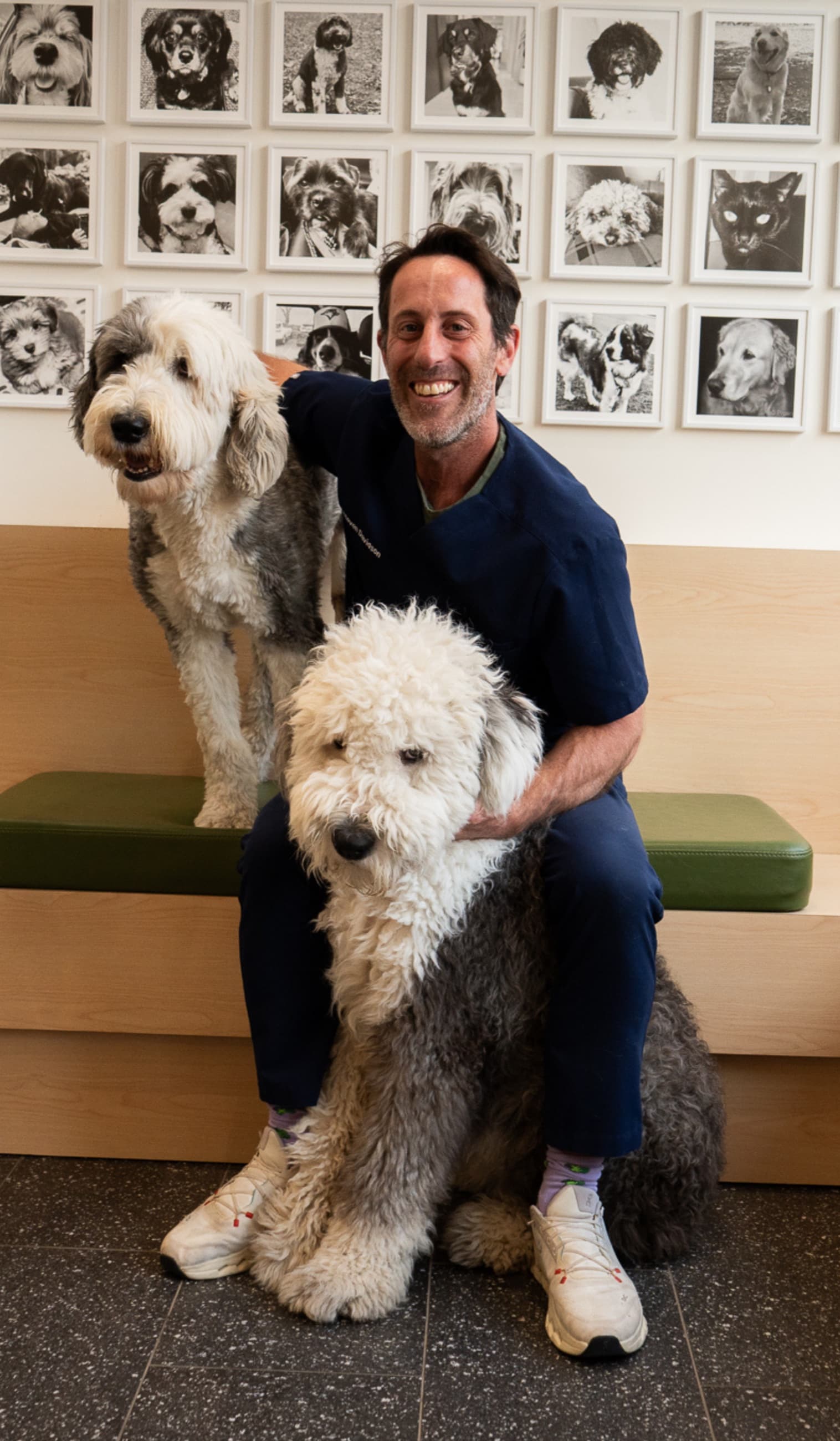 Dr. Steven Davidson smiling with two dogs in the clinic