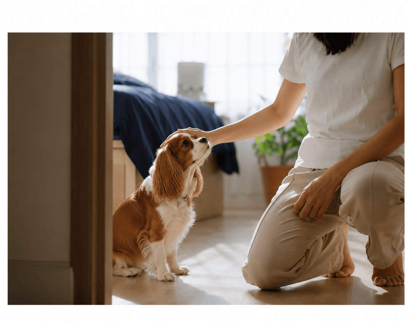 Dog being comforted by their owner at home