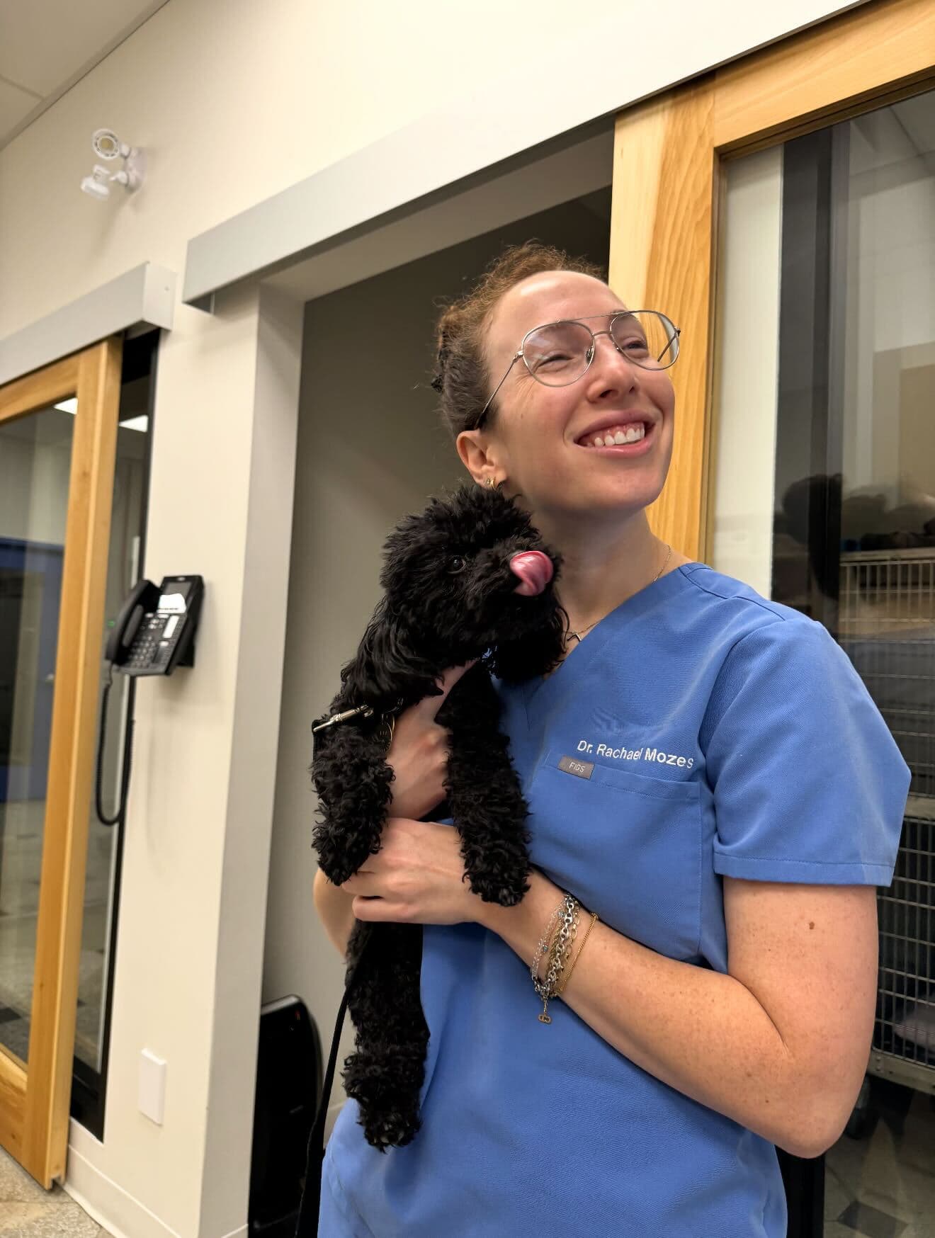 Dr. Rachael Mozes smiling while holding a small dog at Upper Village Veterinary Hospital